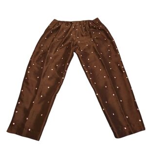 NWT S.L.B Woman 100% Silk Pants Brown With Embroidered Pink Polka Dots Size 18W